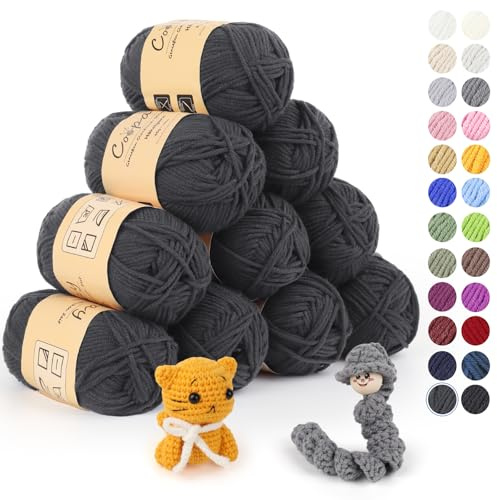 Coopay Wolle zum Häkeln, 450g (10x45g) Weiches Häkelgarn, 5 Faiding Wolle zum Stricken, Babywolle zum Häkeln für Anfänger, Super Weich Häkelgarn Babywolle für Häkel- und Strickprojekt - Anthrazitgrau