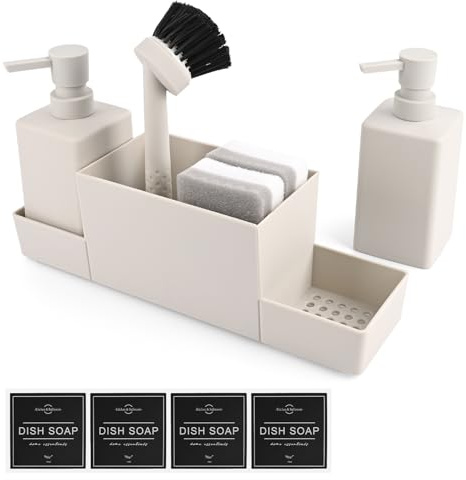 Dispensador De Jabón De Cocina, Organizador Fregadero Cocina, Organizador Fregadero, Abonera Baño Dosificador, con Cepillo De Esponja, Botella Dispensadora, para Fregaderos, Cocinas, Baños (Beige)