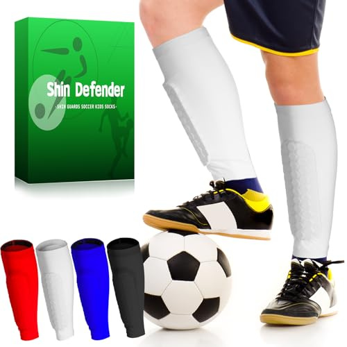 Shin Defender Shin Guards Soccer Kids Socks - Protective Gear for Youth Players (White, S)