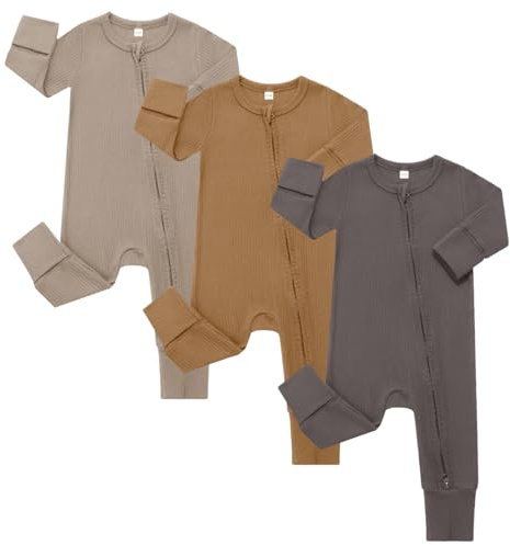 Bafeicao 3 Pack Baby Boy Girl Rompers with Mitten Cuffs, Ribbed Cotton 2 Way Zipper Romper One Piece Jumpsuits Clothes, coffee+grey+dark grey,6-12M