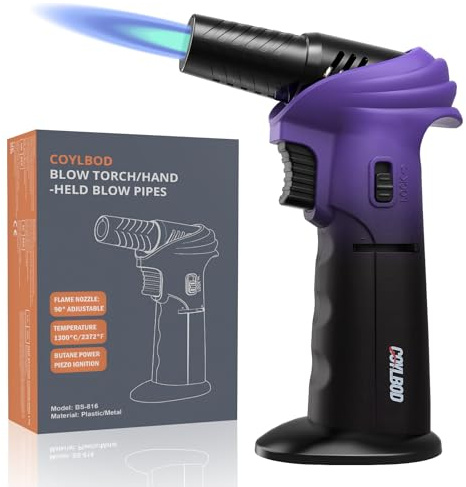 Butane Torch Lighter, 0-90°Rotating Angle Butane Lighter, Refillable Kitchen Torch with Safety Lock, Adjustable Flame for Soldering (Purple and Black)