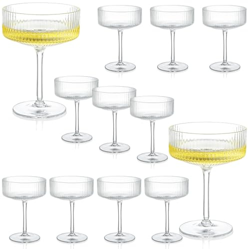 Acellegic Set of 12 Champagne Tower 8 oz Glass Ribbed Champagne Coupe Glasses Set Clear Ribbed Martini Coupe Cups Classic Cocktail Glasses for Wedding Birthday Party Bar