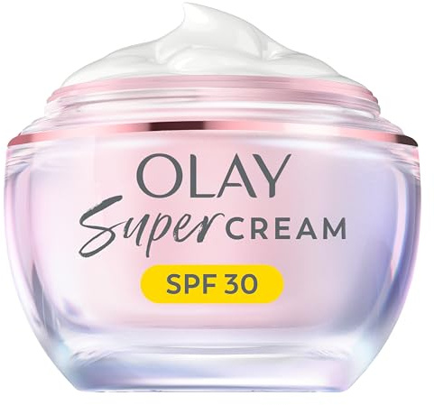 Olay Super Cream Refillable Face Moisturiser with SPF 30 UV Protection, Olay Super Serum, 5 Skin Benefits in 1 Moisturiser, Ultra Lightweight Hydration, Protects Against Sun Damage, Instant Glow, 50ml