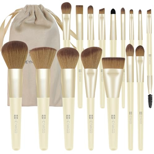 HEYMKGO 16pcs Makeup Brushes with Travel Pouch,Professional Wooden Handle Foundation Brush, Concealer Brush & Complete Makeup Brush Set for Flawless Makeup.