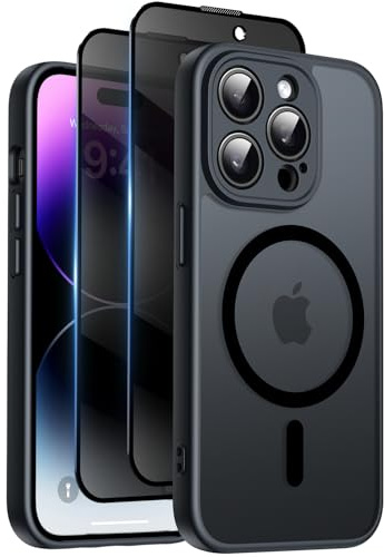 Qasyfanc Coque pour iPhone 14 Pro Max avec Verre Trempé Anti-Espion | Noir, Compatible avec MagSafe, Étui Mat Translucide Arrière Housse Antichoc Anti-Rayures