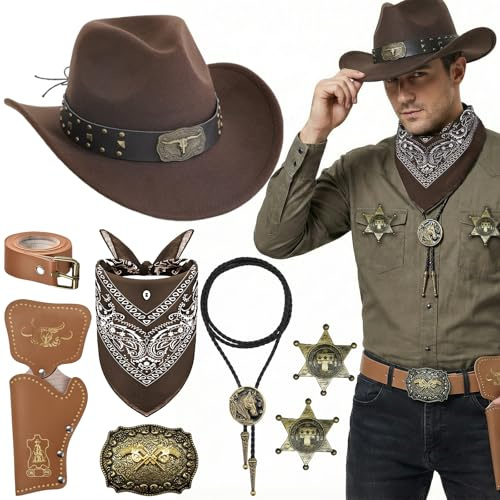 Saier tbo 8 st västerländsk cowboy kostym accessoarer set med hatt paisley + bandana + hölster + bälte + bolospänne + slips + halsband + märke för cosplay party