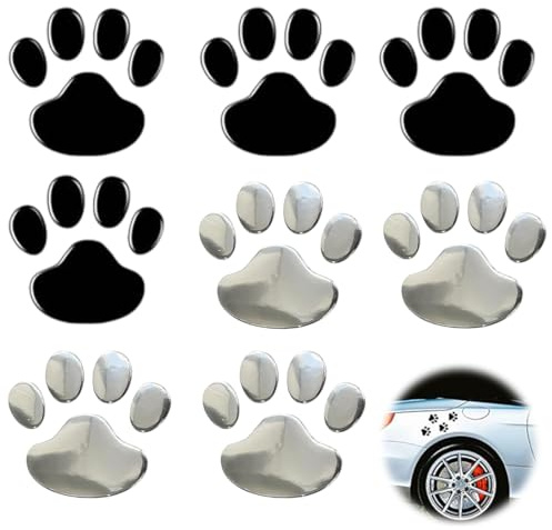 VAEIORP 8 Pcs 3D Pegatinas de Huellas de Perro para Coche, Emblema Decorativo Exterior, Adhesivos de Huellas de Mascota para Decoración de Vehículos (Plata, Negro)