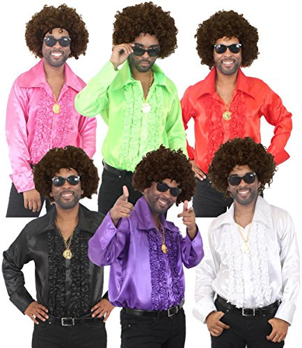 Mens 70s Disco Fancy Dress Costume Night Fever Costume - Brown Afro Wig, Disco Shirt, Gold Medallion and Style Sunglasses (Purple | Large)