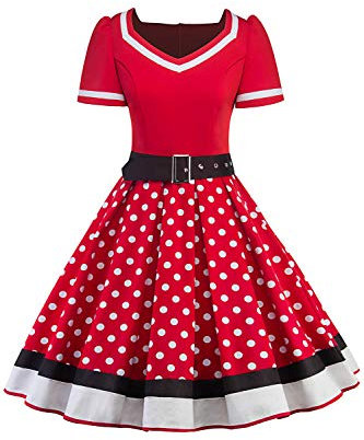 AXOE Damen 50er Jahre Kleider Rockabilly Vintage Festliches mit Abnehmbarer Gürtel A LinieRot Weiß Gepunktet, Gr.48, 4XL