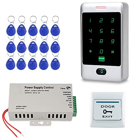 FST Kit de Sistema Control Acceso a la puerta Teclado RFID Teclado de Metal Táctil + DC12V 3A Control Acceso Fuente de Alimentación + 15 piezas Tarjetas RFID Keyfobs