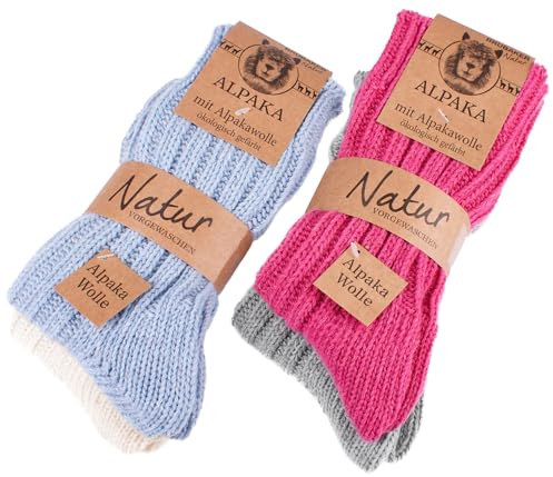 Brubaker 4 Paia di Calzini di Alpaca - Calze Invernali con Lana di Alpaca - Set di calzini per Uomini e Donne - Molto Soffici, Spessi - Blu, Rosa, Beige e Grigio - EU 39-42