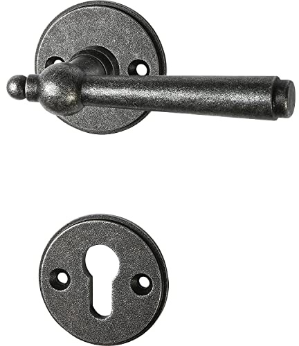 HALCÖ Graz Safety Handle Set - Door Handle with Rosette PZ - Door Fitting Antique Iron Galvanised Black Passivated
