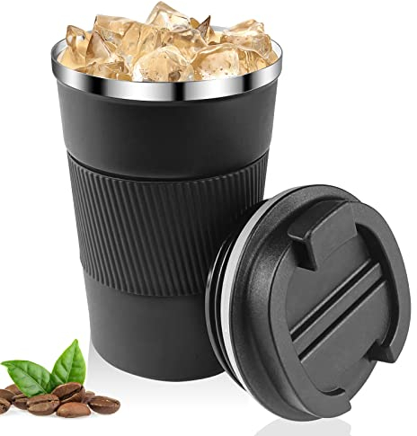 Relota Taza de Café 380mL Negro, Termo Cafe para Llevar 304 Acero Inoxidable Reutilizables Vaso Termico Cafe Antigoteo para Coche, Termo Café Hermético para Café Frío y Caliente, Leche y Té