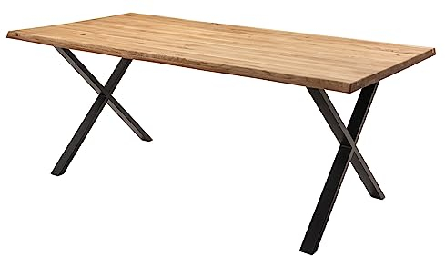 Home4You Esstisch - Braun - Schwarz - 200 x 100 cm - Eiche massiv geölt - Metallgestell - mit Baumkante