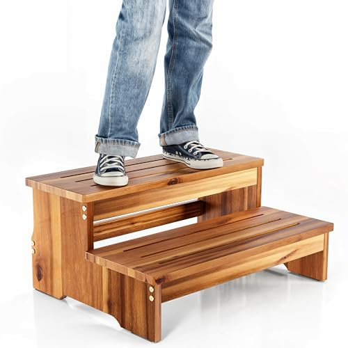 TINAMO 25 Long Step Stool for Adult & Kid - Acacia Wood Two Step Stool 500 Lbs - Wooden Riser 2-Step Spa & Hot Tub Stairs for Pool - Heavy Duty 2 Step Stools for Bed, Kitchen,Outdoor (Patent Pending)