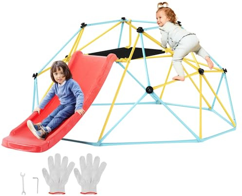 VEVOR Climbing Dome, 8FT Jungle Gym with Slide, Geometric Dome Climber Supports 600LBS and Easy Assembly for Kids 3 to 9 Years Old, with Climbing Grip, Outdoor and Indoor Play Equipment for Kids