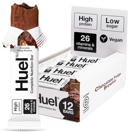 Huel Complete Nutrition Bar, 12 x 51g Bars, Chocolate Fudge Brownie, High Protein Bar, Plant-Based Protein Bars, Low Sugar, High Fibre, High-Protein Snack with Vegan Chocolate, Under 200 Calories