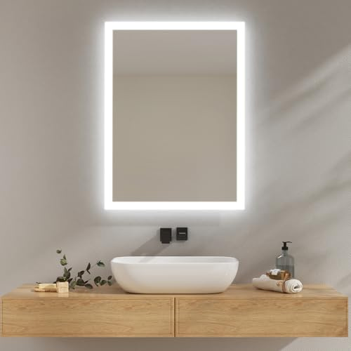 EMKE Espejo de baño con iluminación 80x60 cm, 3000K/6500K, Espejo antiniebla con Interruptor basculante, IP44, Espejo de Pared económico