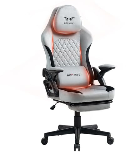 BRTHORY Gaming Stuhl Ergonomischer Racing Gamer Stuhl mit Verstellbare Kopfstütze Schreibtischstuhl mit Stoffoberfläche, Federsitzkissen, Verbindungsarmlehnen und Fußstütze, Wippfunktion, 135°