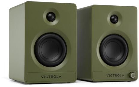 Victrola Tempo – Altoparlanti Bluetooth da Scaffale con Suono Potente che Riempie la Stanza, Streaming Multiroom Auracast, Ingressi USB-C e per Giradischi, Uscita Subwoofer (Coppia, Verde)