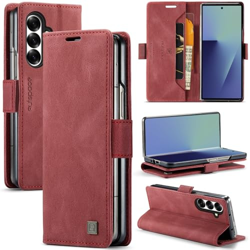 EYZUTAK Wallet Case for Samsung Galaxy Z Fold 7, Retro Matte Premium Protective Leather Case 2 Card Cash Slot with RFID Blocking Viewing Stand Magnetic Closure TPU Shell Flip Cover - Red