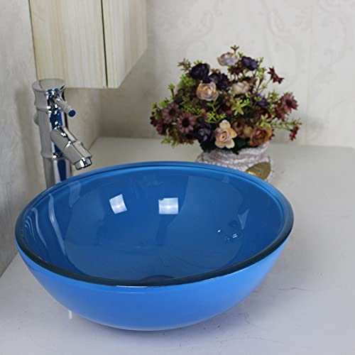 30cm Mini Round Glass Countertop Washbasin Azure Blue for Bathroom & Cloakroom Tempered Glass Sink Stylish Modern Design Space Saving Solution