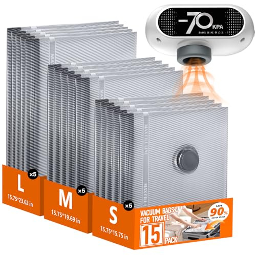 Snocod Travel Vacuum Bags with Wireless Pump, 15 Pack Vacuum Storage Bags with Powerful -70KPa Suction, for Maximum Compression in Luggage, Travel and Home Use for Clothes and Blankets.