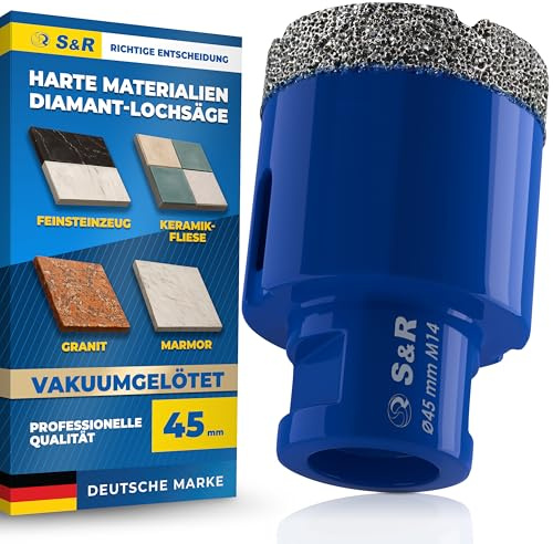 S&R Professional Diamant Fliesenbohrer 45 mm, Lochsäge für Fliesen M14 Gewinde, Diamant Bohrer Fliesen, Vakuum Gelötete Bohrkrone Winkelschleifer für Keramik, Feinsteinzeug, Granit, Marmor, Porzellan