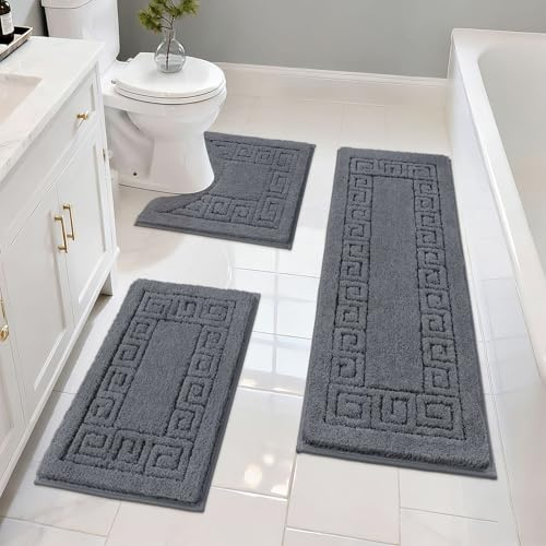 Pauwer Bathroom Rugs Sets 3 Piece Non Slip Washable, Absorbent Microfiber Bath Mats for Bathroom Shower Rug Runner Quick Dry, Plush Super Soft U Shaped Toilet Mats Floor Carpet, Dark Grey