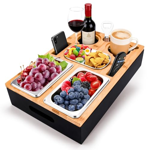 TOSUTO Bandeja para sofá de Madera,Couchbar Snackbox Con 2 Cuencos de Acero Inoxidable y Cuenco de Especias,Tapa Magnética Desmontable,Sofa Tray Snack Box Para Sofá,Cama y Jardín | Regalo para Hombres