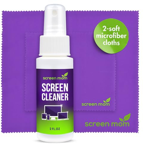 Screen Cleaner Spray and 2 Microfiber Cloths - 2oz Bottle by Screen Mom-Screen Cleaner Spray and Wipe for TV, Computer, Phone, iPad, Car Screen Cleaning Kit Electronic Cleaner Spray