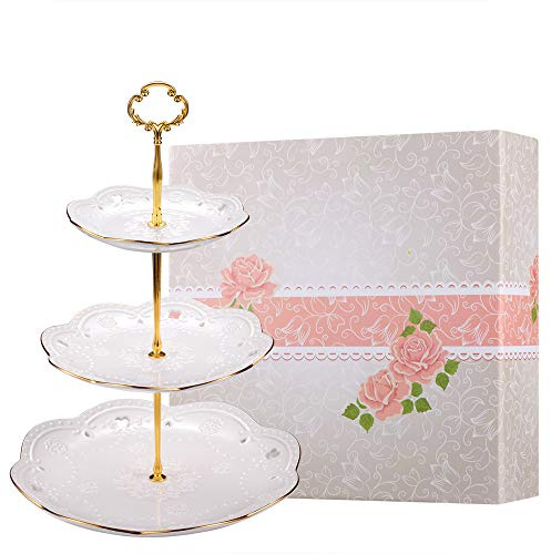 BonNoces 3-Tier Porcelain Embossed Cupcake Stand - Pure White Rimmed with Gold Dessert Cake Stand - Pastry Serving Tray Platter for Tea Party, Wedding and Birthday