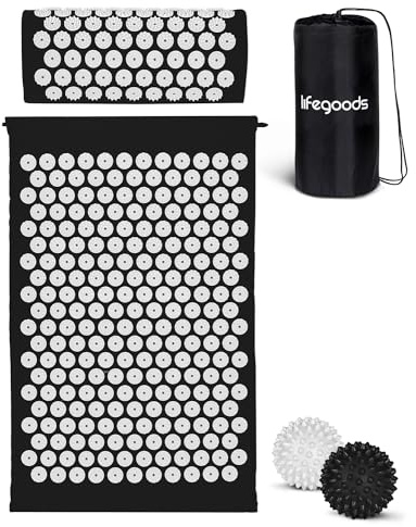 LifeGood Esterilla Acupresion - Eco - Con Cojín, Bolas de Masaje y Bolsa - Almohada - Colchoneta de Acupuntura Relajación y Alivio del Dolor - Flor de Loto - Blanco & Negro