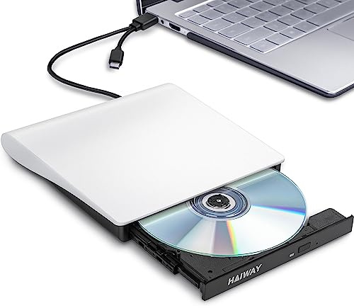Haiway External DVD Drive, USB 3.0 Type-C CD Burner Portable CD DVD +/-RW Optical Drive Slim CD DVD ROM Rewriter CD/DVD Player Writer Reader for Laptop Desktop MacBook PC Windows Linux Mac OS (White)