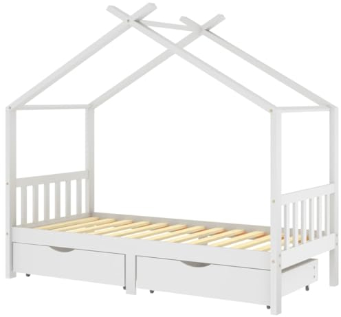 vidaXL Kinderbett mit Schubladen, Kinder Bettrahmen für Kinderzimmer, Kinder Bettgestell mit viel Stauraum, Spielzeug Kinderhaus, Weiß 90x200 cm Massivholz Kiefer