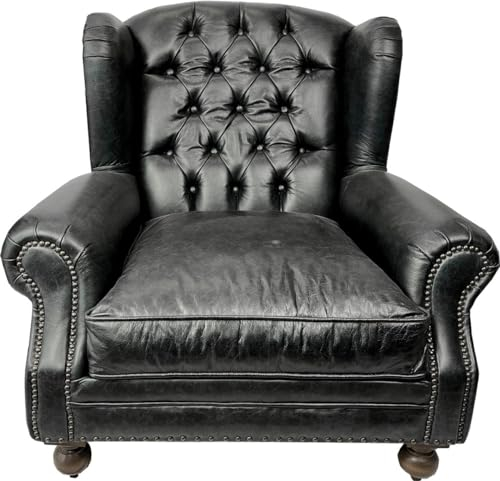 Casa Padrino Poltrona Chesterfield di Lusso in Pelle Nero Vintage/Marrone Scuro - Poltrona Chesterfield da Soggiorno in Vera Pelle - Mobili da Soggiorno - Mobili Chesterfield di Lusso