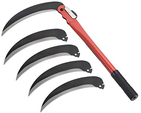 PATIKIL 17 Inch Folding Harvest Sickle, Carbon Steel Blade Weed Remover Scythe Grafting Knife Brush Cutter with 4Pcs Spare Blade for Farming