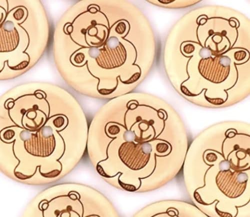 12 wunderschöne Holzknöpfe rund natur mit Teddy-Aufdruck- 15mm 2 Löcher zum aufnähen annähen DIY Handarbeit Scrapbooking für Kinderkleidung Jacken Mützen Strampler