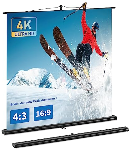 Hochziehbare Beamer Leinwand mit Ständer, Tragbar Projektion Leinwand, Projektor Leinwände 60 Zoll 16:9, Ultrakurzdistanz-Projektion möglich, Kompaktes Design, Ideal für Heimkino, Innen-/Außenfilme.