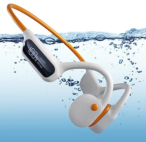 fesoklaf Knochenschall Kopfhörer, 32GB Speicher, Schwimmen IPX8, MP3 Sport, Kabellos Bluetooth 5.3, zum Laufen(Orange + Weiß), (JS-7324)