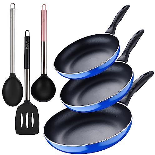 Set 3pc sarten (16+20+24cm) aluminio prensado, inducción, azul Navy Paradise con Set 3pc utensilios de cocina nylon