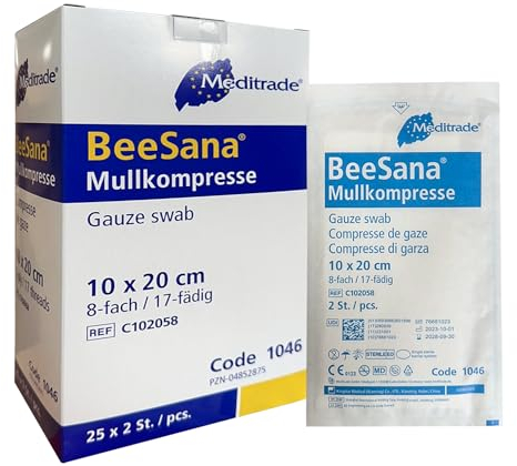 Sterile Kompressen 10x20 cm 50 Stück Nicht klebende Wundauflagen, Mullkompressen Steril 8 Lagen Verbandsmaterial, Wundkompressen zur Wundversorgung Blutabsorbtion und Sekretaufnahme (10 x 20 cm)