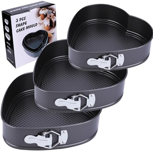 PCXWTLN Cake Tin Set, 3Pack Heart Shaped Cake Tins for Cheesecake Non Stick Baking Tins Even Heat Distribution Cheesecake Tin for Kitchen Home Restaurants Baking, Black
