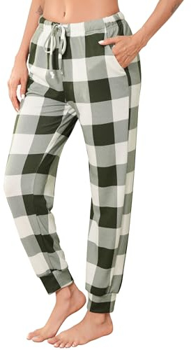 Vlazom Pantalon Pijama Mujer Largos a Cuadros,Pantalon Mujer Casual para Dormir Casa (XXL,Verde claro)