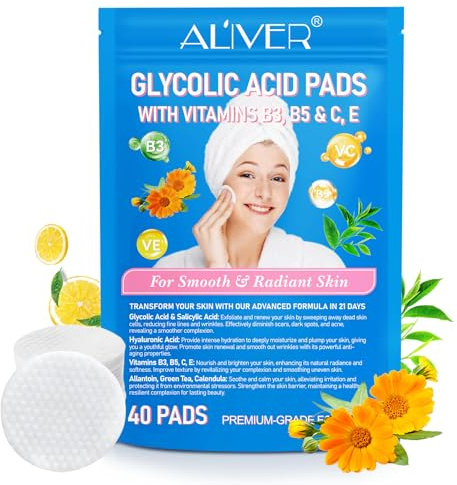 Glycolic Acid Pads 40P, Acid Brush Cotton Pads, Glycolic Acid 20% Resurfacing Pads, With Vitamins B3, B5, C, E & Collagen, Exfoliates Surface Skin, For Smooth & Radiant Skin