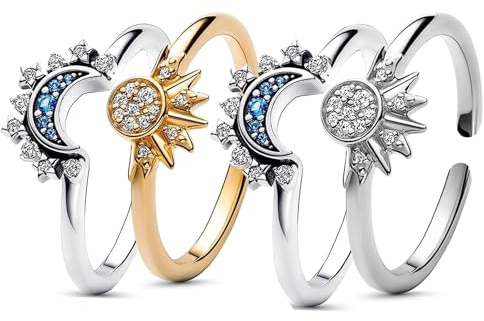 Hernin 2Pcs Bagues Motif Lune Soleil Bague Réglable en Forme de Lune et de Soleil pour Femme Or/Argent Bague Soleil et Lune Scintillantes Ajustable Bague D'amitié pour Femmes, Filles (2 Ensemble)