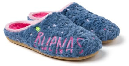 Hot Potatoes, Modelo VINING, Pantuflas estilo Babucha de pelo con frase Buenas noches. Zapatillas de estar por casa Mujer. Plantilla de pelo, acolchada y extraíble. Suela de EVA reciclada flexible