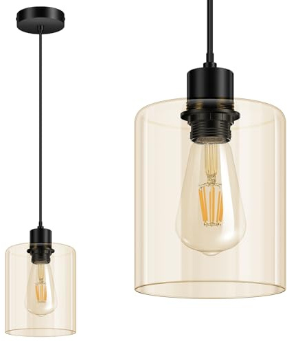 Pendelleuchte Esstisch Hängelampe mit Glas Lampenschirm, Höhenverstellbar Hängeleuchte mit E27 Fassung, Moderne Industrielle Deckenlampe hängend Pendellampe Schwarz für Küche, Bar, Wohnzimmer, Flur