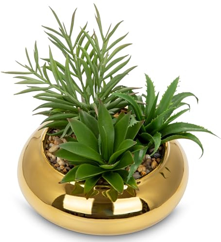 Briful Artificial Succulent Plants Fake Plants in Gold Ceramic Pot, Faux Potted Plant Fake Succulents Arrangement, Artificial Plant Indoor for Office Desk Decor Decorative Home Accessories