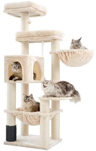 Hey-brother XXL stort klösträd för Maine katt, 168 cm klösträd för stora katter, med överdimensionerad hängmatta, sisalpost (φ11 cm) och kammare, 2 plattformar, grotta, korg, beige EMPJ01M